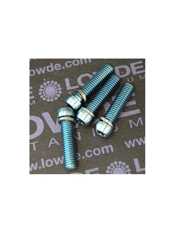 Kit 4 tornillos M5x20 llave torx de titanio gr. 5 con arandelas. Anodizados azul claro - Kit 4 tornillos M5x20 llave torx de titanio gr. 5 con arandelas. Anodizados azul claro. Cabeza muy pequeña.